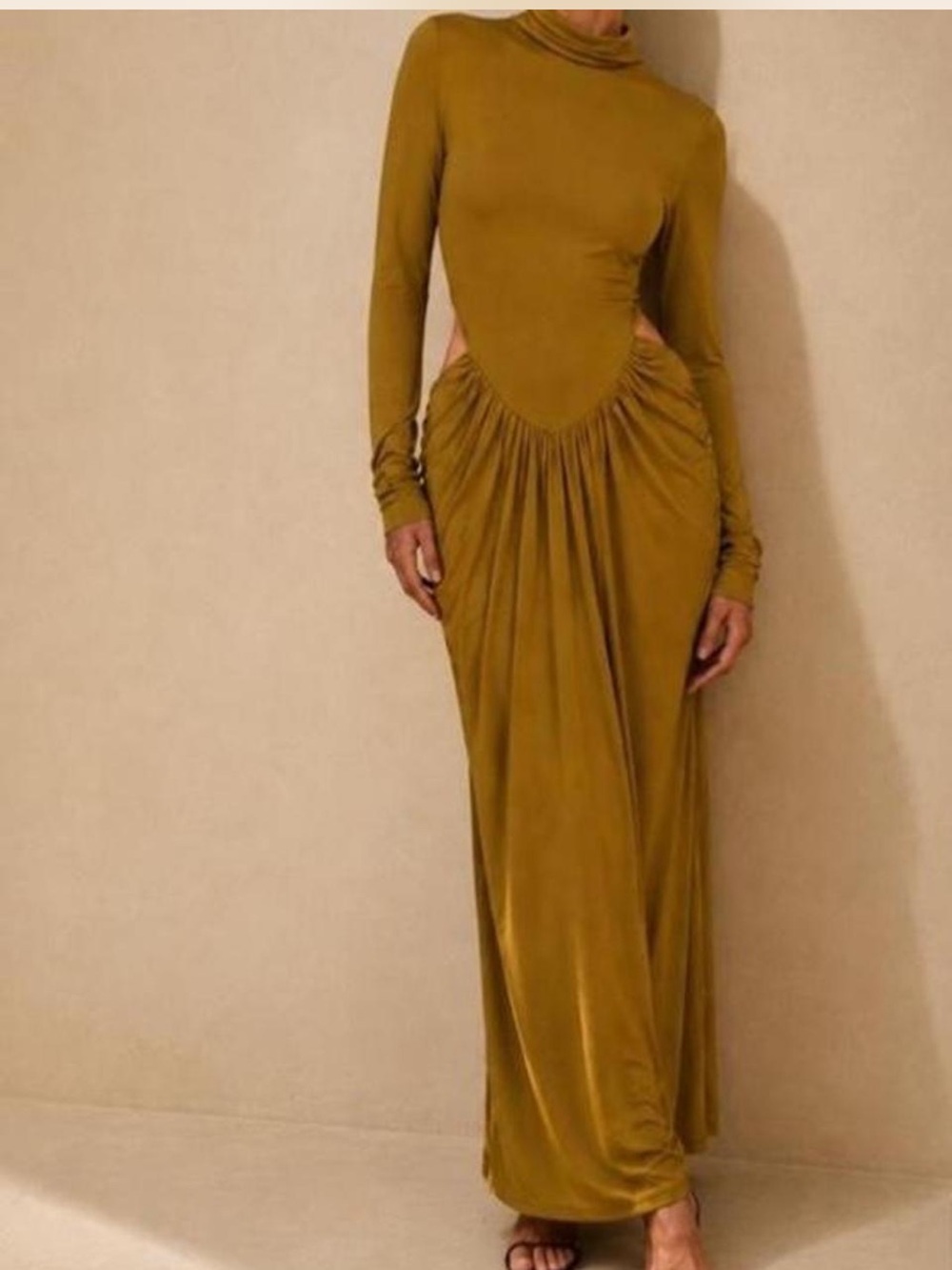 Zara Olive Mustard Long Sleeve Cutout Maxi Dress